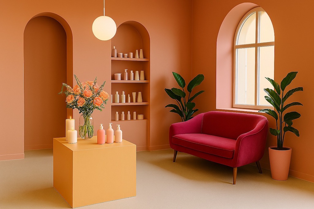 Huone, jossa sijaitsee pinkki sohva, kaarevat ikkunat ja hylly, jossa ewsillä kosmetiikkaa. Huoneen keskellä myös asetelma, jossa kukkia ja kosmetiikkaa.