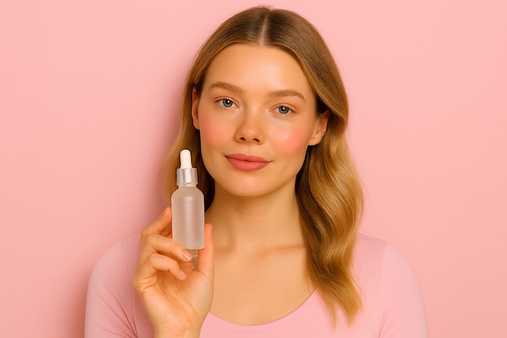 Vaaleahiuksinen ja vaaleaihoinen nainen pitelee kädessään kosmetiikkapurkkia.