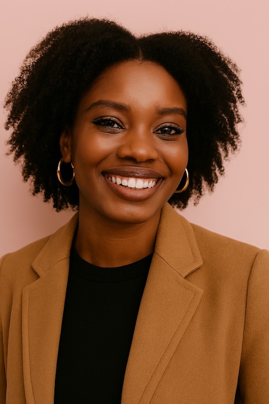 Hymyilevä tummaihoinen nainen vaaleanpunaisella taustalla, pukeutuneena camel-väriseen bleiseriin ja kultaisiin korvakoruihin.