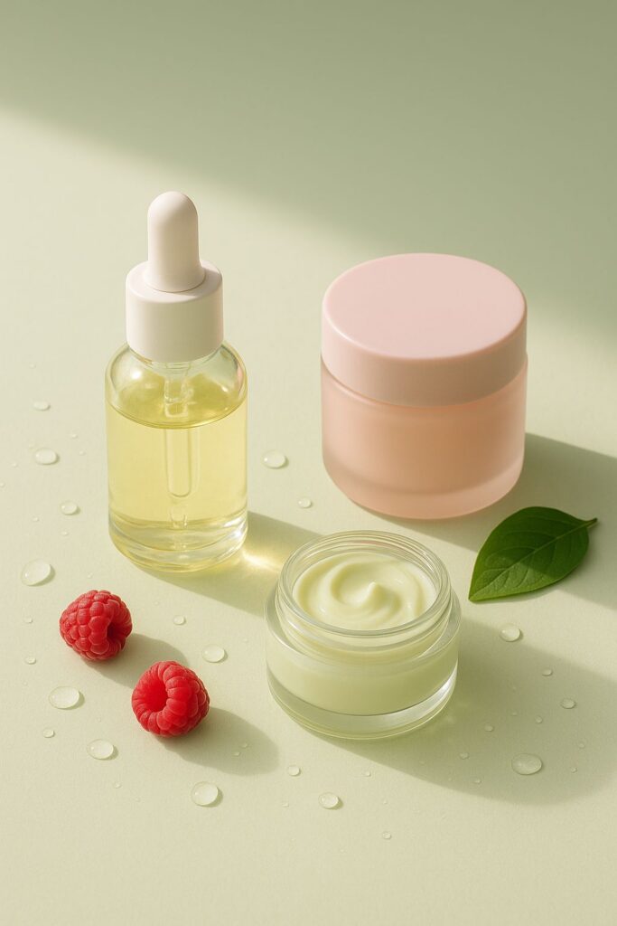 Kosmetiikkatuotteita vaalean vihreällä taustalla.
